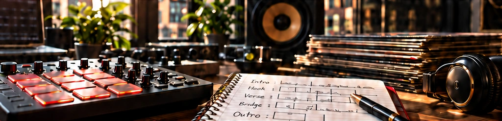 Producer workspace with a sampler, notebook, and headphones
